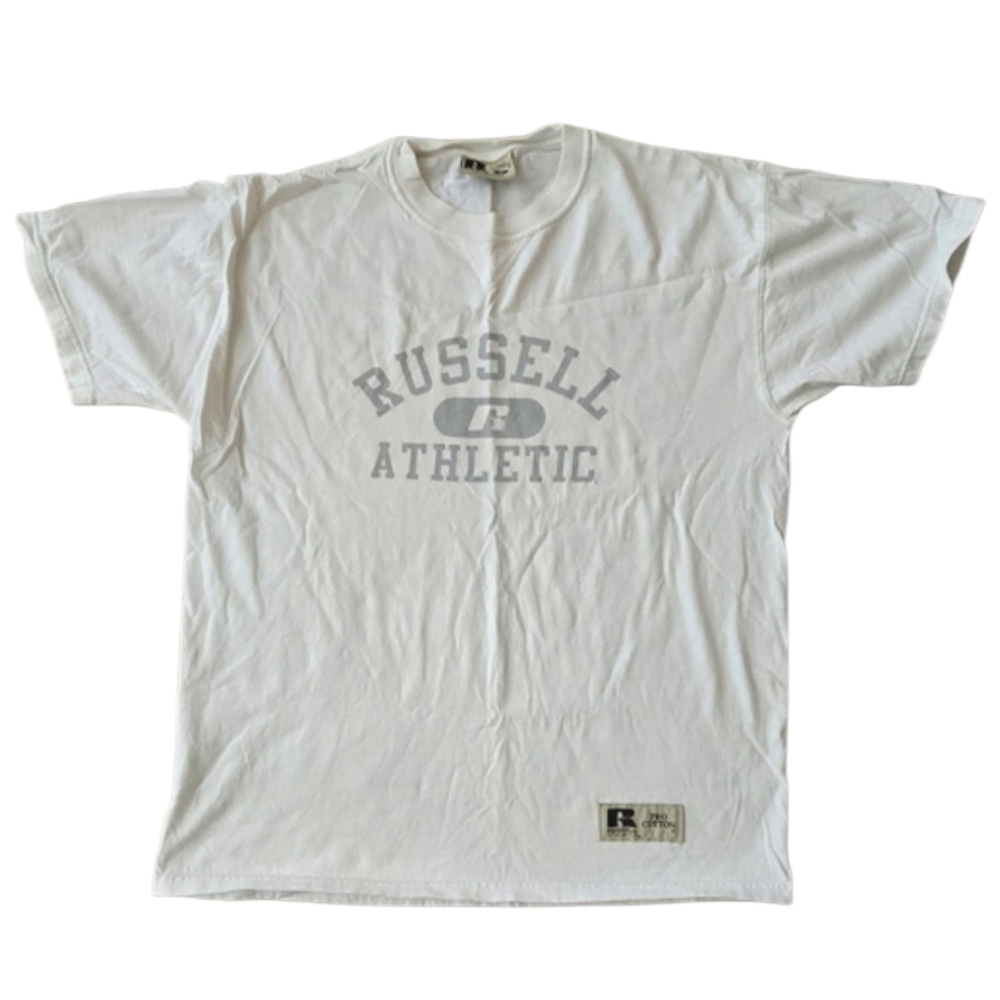 Russell Athletic White With Gray Print, Men's T-Shirt. Medium
